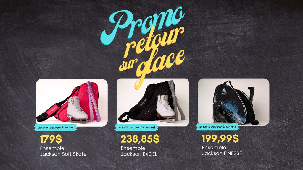 Promotional display of ice skating equipment with prices on a dark background